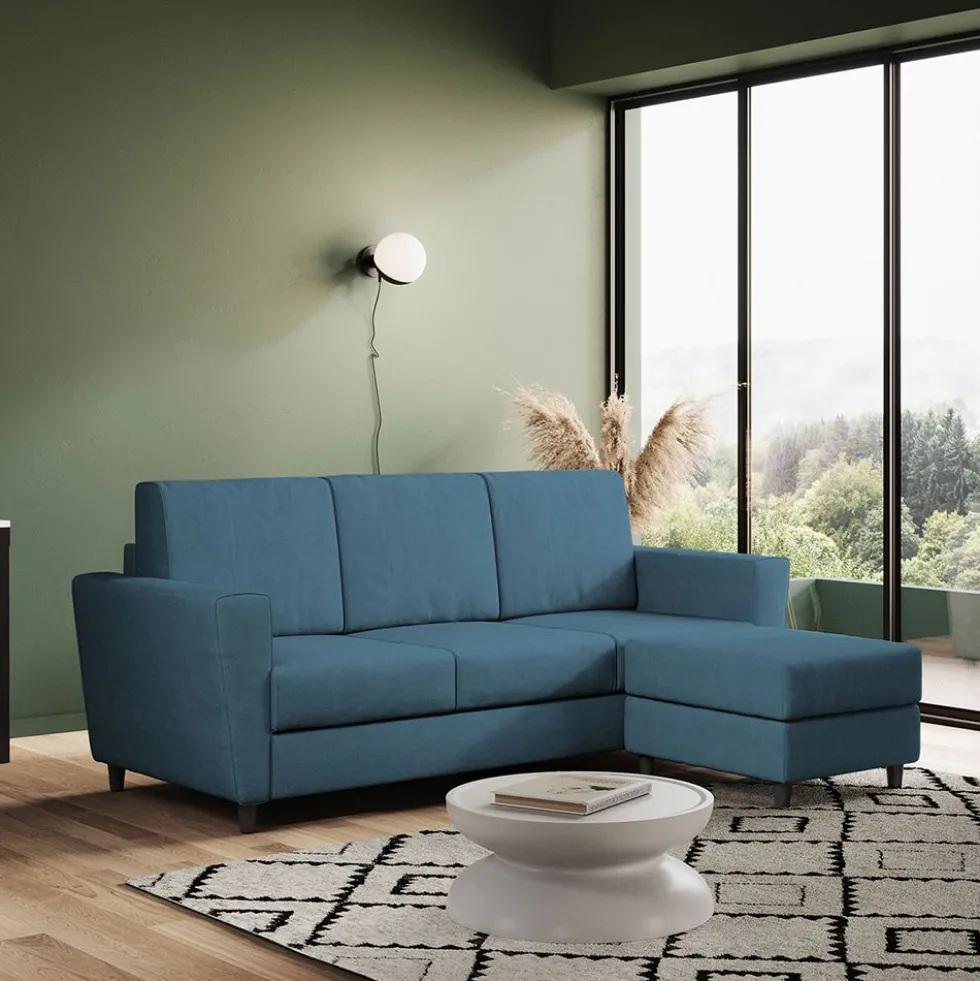 Divano 212x85cm design a tre posti con piedini in legno e pouf idrorepellente blu avio DI39