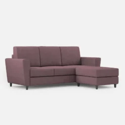 Divano 212x85cm design a tre posti con piedini in legno e pouf idrorepellente prugna DI39