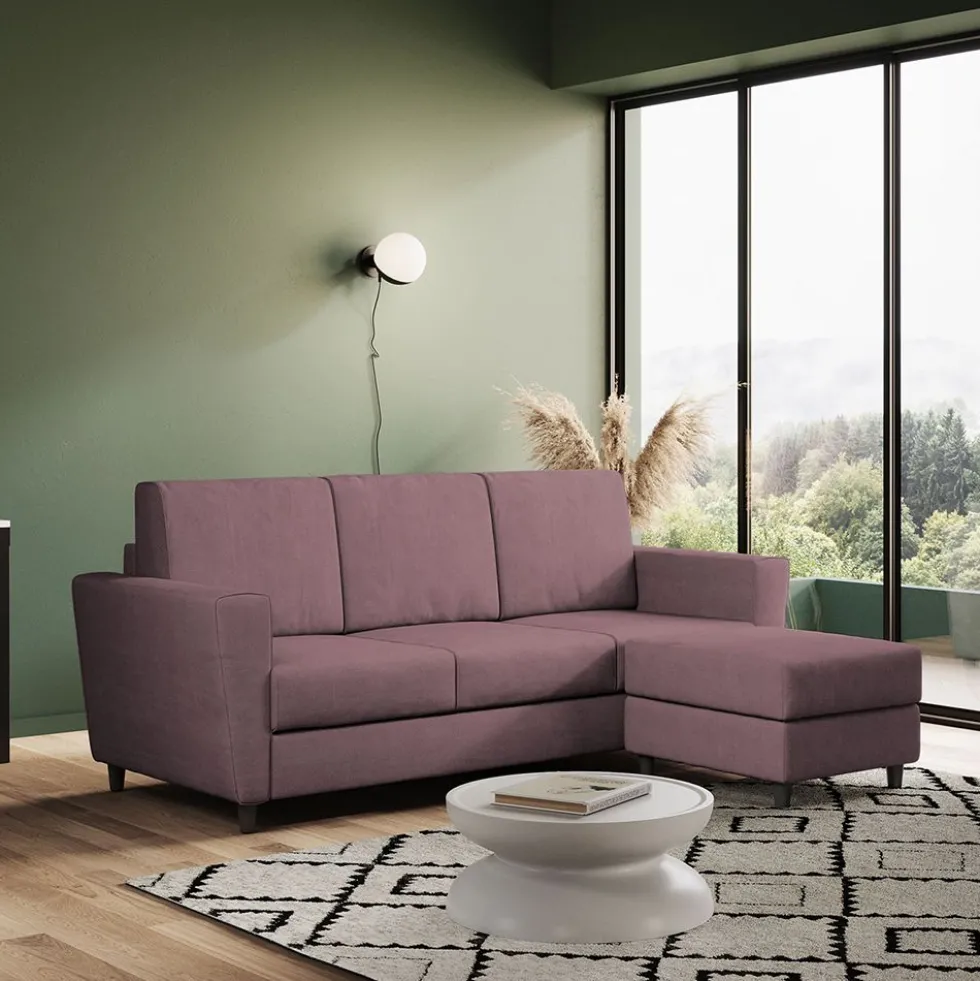 Divano 212x85cm design a tre posti con piedini in legno e pouf idrorepellente prugna DI39