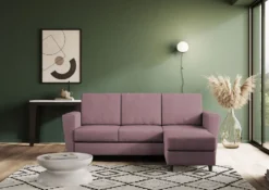 Divano 212x85cm design a tre posti con piedini in legno e pouf idrorepellente prugna DI39