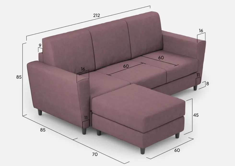 Divano 212x85cm design a tre posti con piedini in legno e pouf idrorepellente prugna DI39
