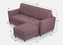 Divano 212x85cm design a tre posti con piedini in legno e pouf idrorepellente prugna DI39