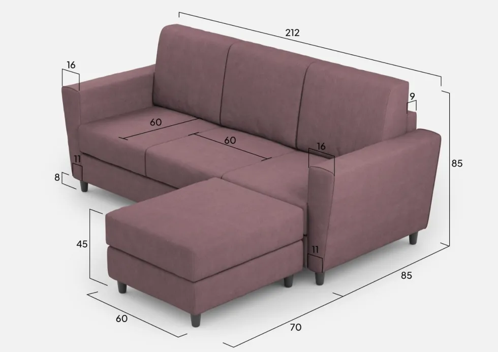 Divano 212x85cm design a tre posti con piedini in legno e pouf idrorepellente prugna DI39