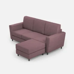 Divano 212x85cm design a tre posti con piedini in legno e pouf idrorepellente prugna DI39