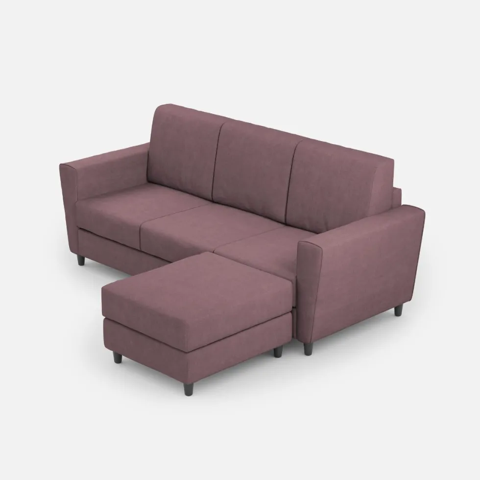 Divano 212x85cm design a tre posti con piedini in legno e pouf idrorepellente prugna DI39