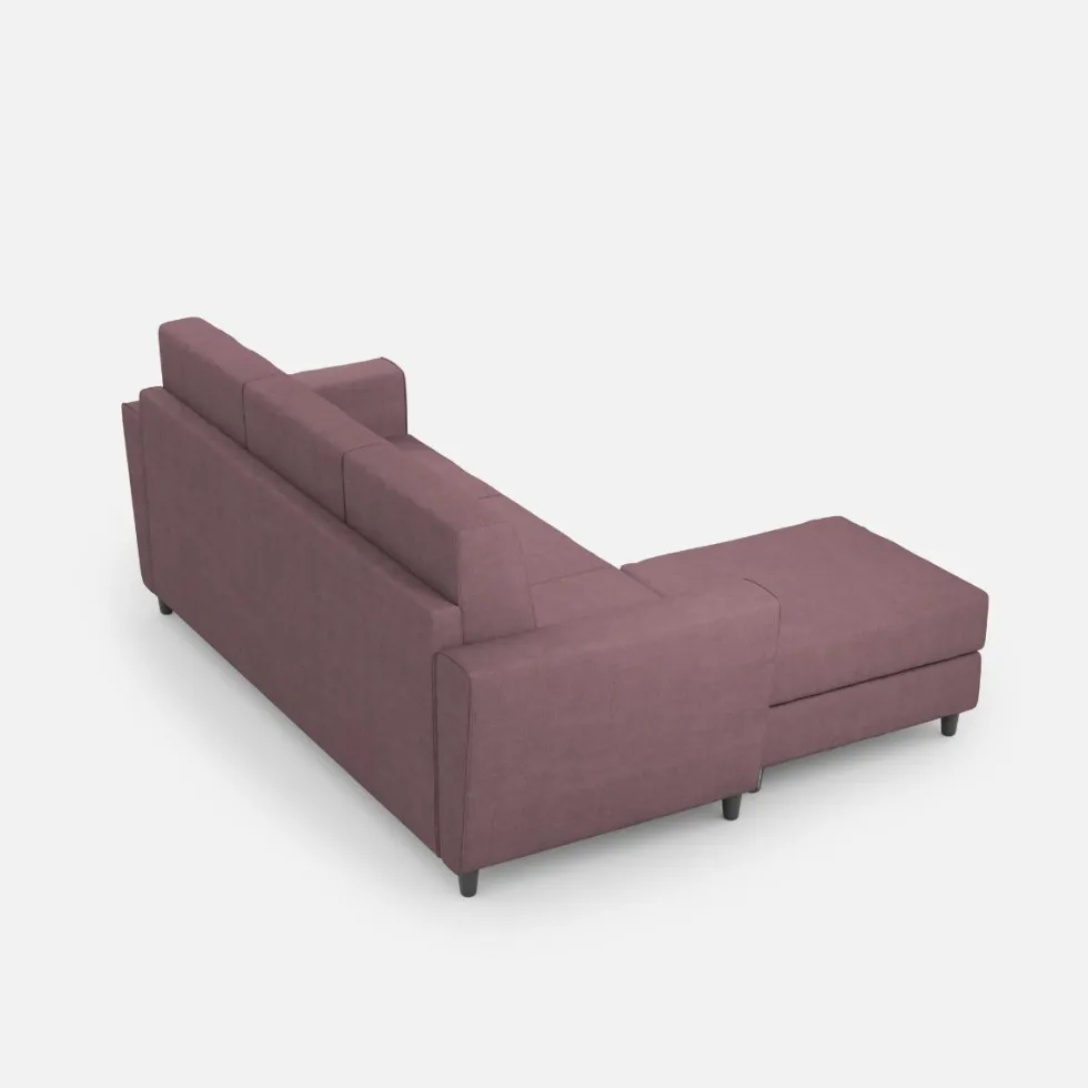 Divano 212x85cm design a tre posti con piedini in legno e pouf idrorepellente prugna DI39