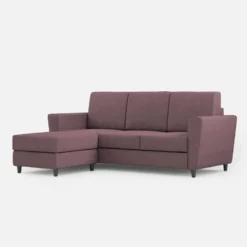 Divano 212x85cm design a tre posti con piedini in legno e pouf idrorepellente prugna DI39