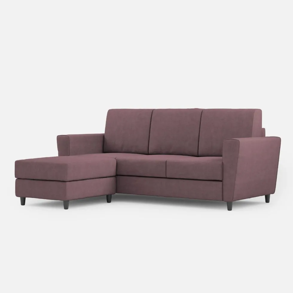 Divano 212x85cm design a tre posti con piedini in legno e pouf idrorepellente prugna DI39
