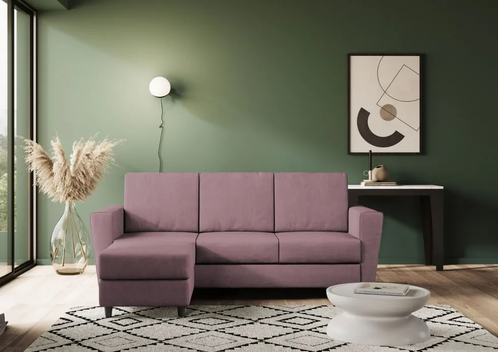 Divano 212x85cm design a tre posti con piedini in legno e pouf idrorepellente prugna DI39