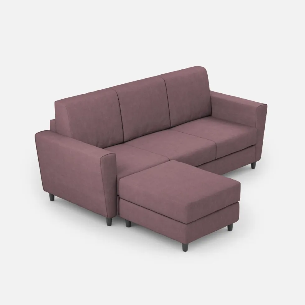 Divano 212x85cm design a tre posti con piedini in legno e pouf idrorepellente prugna DI39