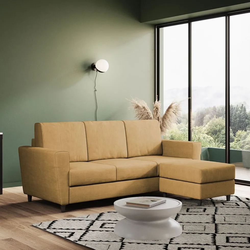 Divano 212x85cm design a tre posti con piedini in legno e pouf idrorepellente ocra DI39