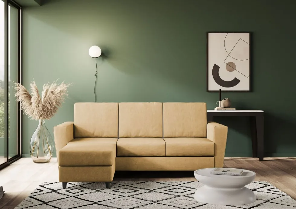 Divano 212x85cm design a tre posti con piedini in legno e pouf idrorepellente ocra DI39