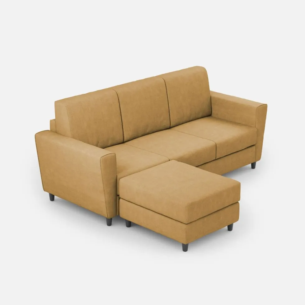 Divano 212x85cm design a tre posti con piedini in legno e pouf idrorepellente ocra DI39