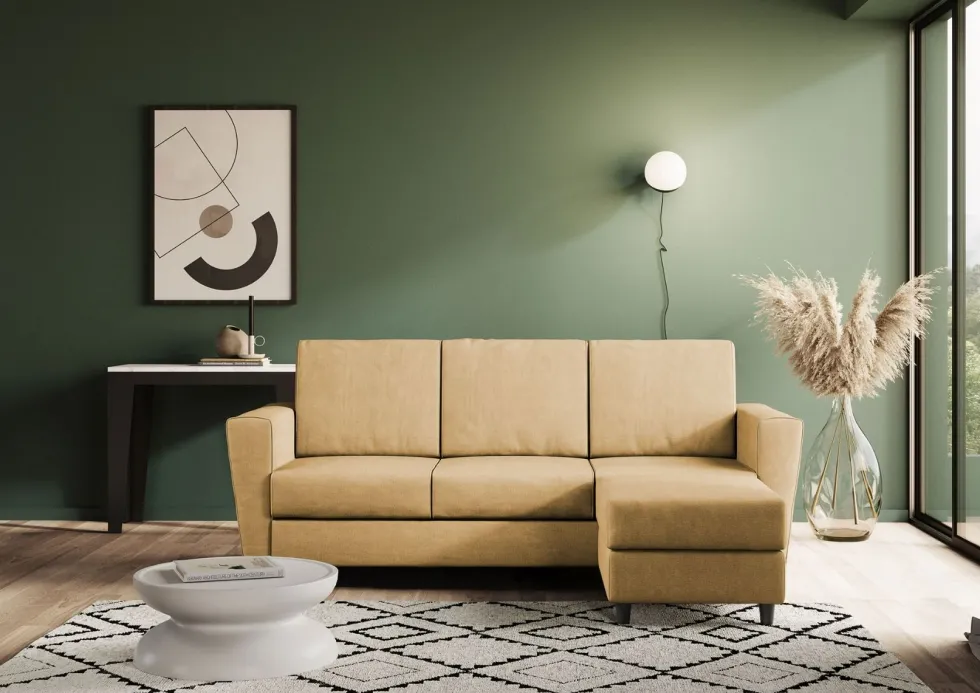 Divano 212x85cm design a tre posti con piedini in legno e pouf idrorepellente ocra DI39