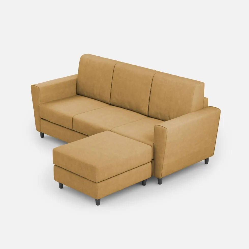 Divano 212x85cm design a tre posti con piedini in legno e pouf idrorepellente ocra DI39