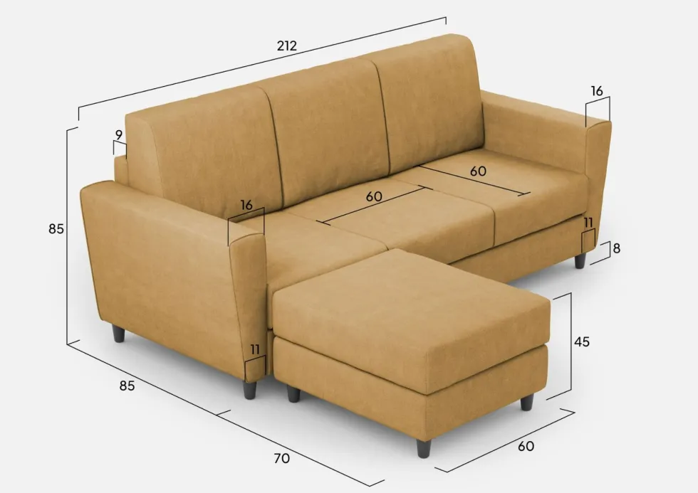 Divano 212x85cm design a tre posti con piedini in legno e pouf idrorepellente ocra DI39