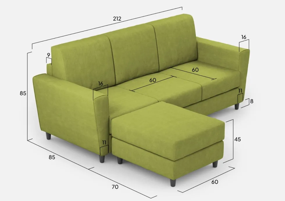 Divano 212x85cm design a tre posti con piedini in legno e pouf idrorepellente verde DI39