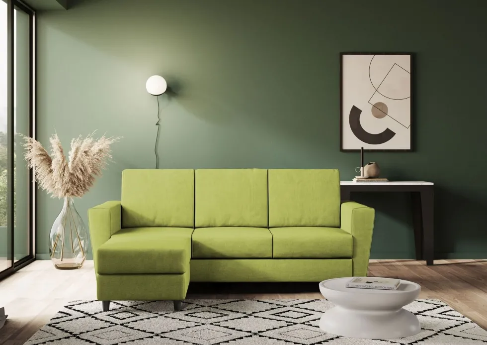 Divano 212x85cm design a tre posti con piedini in legno e pouf idrorepellente verde DI39