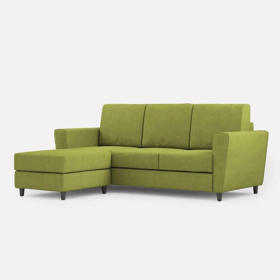 Divano 212x85cm design a tre posti con piedini in legno e pouf idrorepellente verde DI39