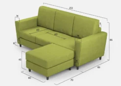 Divano 212x85cm design a tre posti con piedini in legno e pouf idrorepellente verde DI39