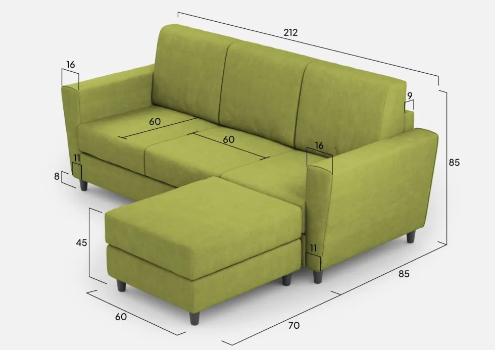 Divano 212x85cm design a tre posti con piedini in legno e pouf idrorepellente verde DI39