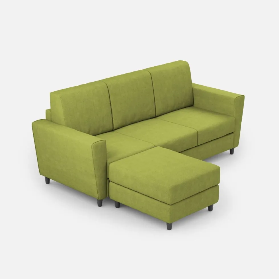 Divano 212x85cm design a tre posti con piedini in legno e pouf idrorepellente verde DI39