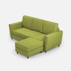 Divano 212x85cm design a tre posti con piedini in legno e pouf idrorepellente verde DI39