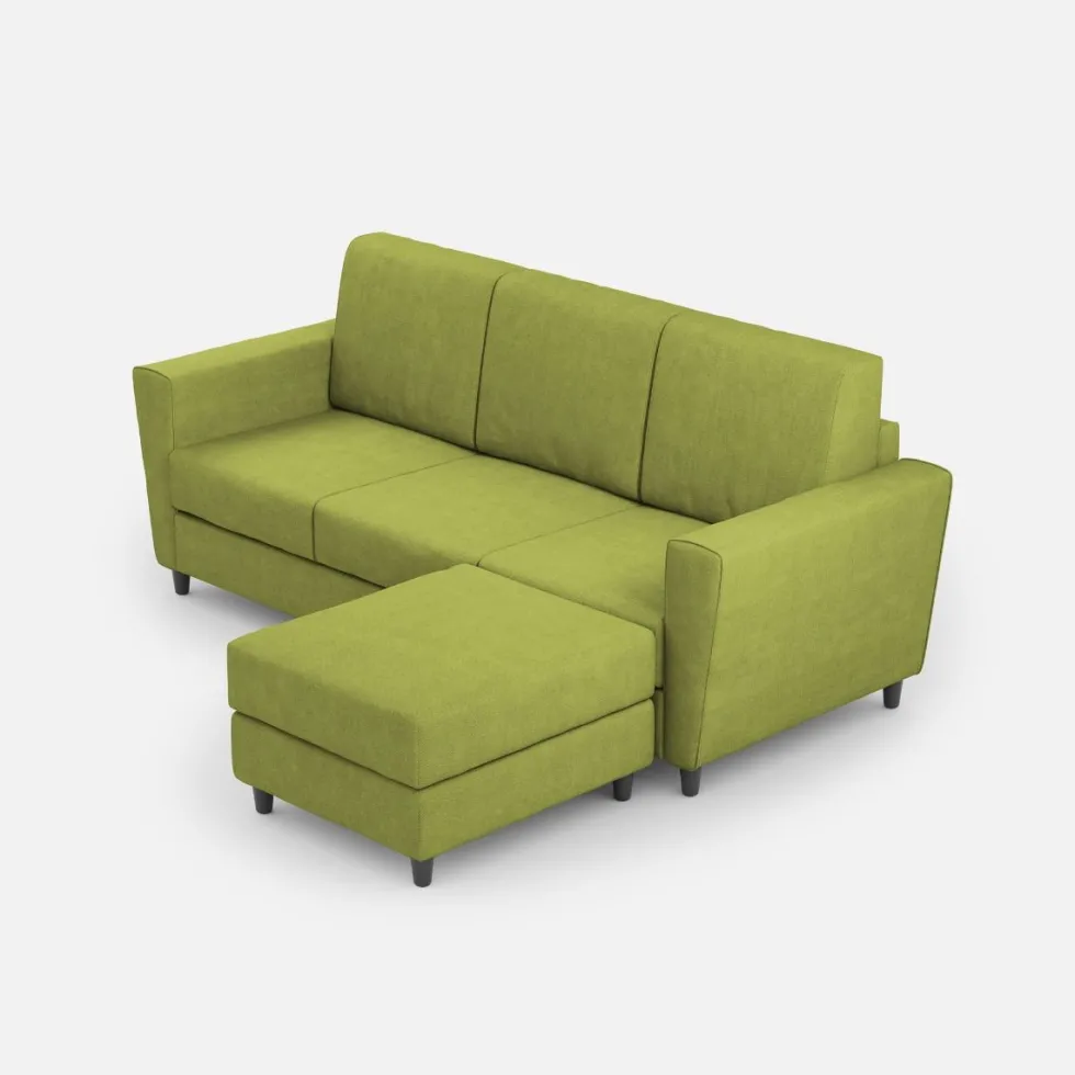 Divano 212x85cm design a tre posti con piedini in legno e pouf idrorepellente verde DI39