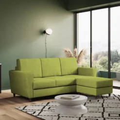 Divano 212x85cm design a tre posti con piedini in legno e pouf idrorepellente verde DI39