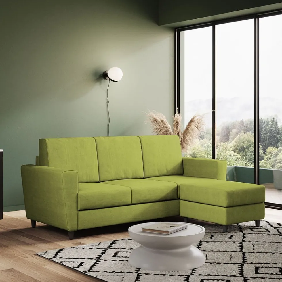 Divano 212x85cm design a tre posti con piedini in legno e pouf idrorepellente verde DI39
