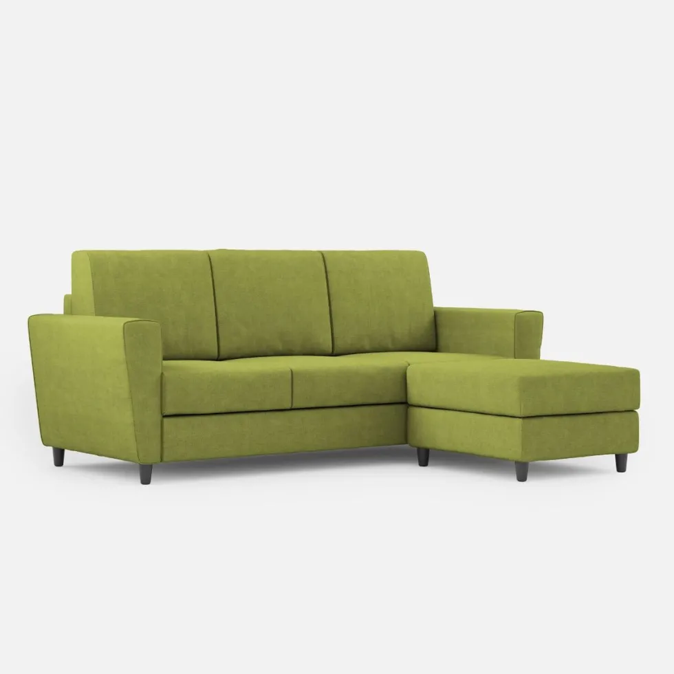Divano 212x85cm design a tre posti con piedini in legno e pouf idrorepellente verde DI39