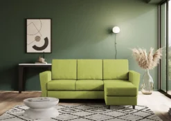 Divano 212x85cm design a tre posti con piedini in legno e pouf idrorepellente verde DI39