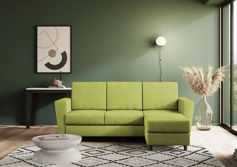 Divano 212x85cm design a tre posti con piedini in legno e pouf idrorepellente verde DI39