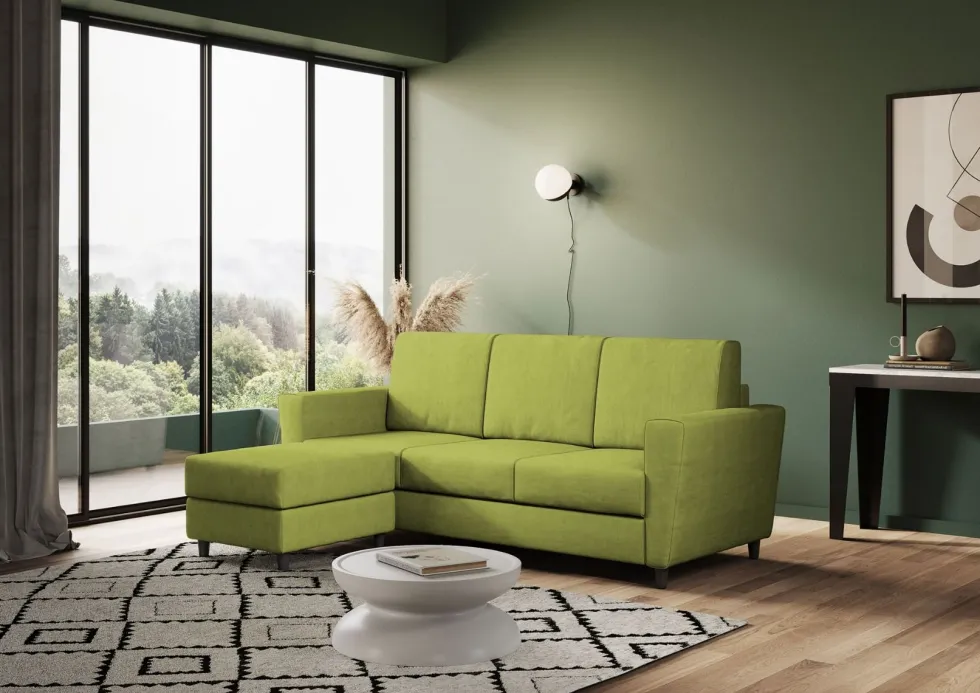 Divano 212x85cm design a tre posti con piedini in legno e pouf idrorepellente verde DI39