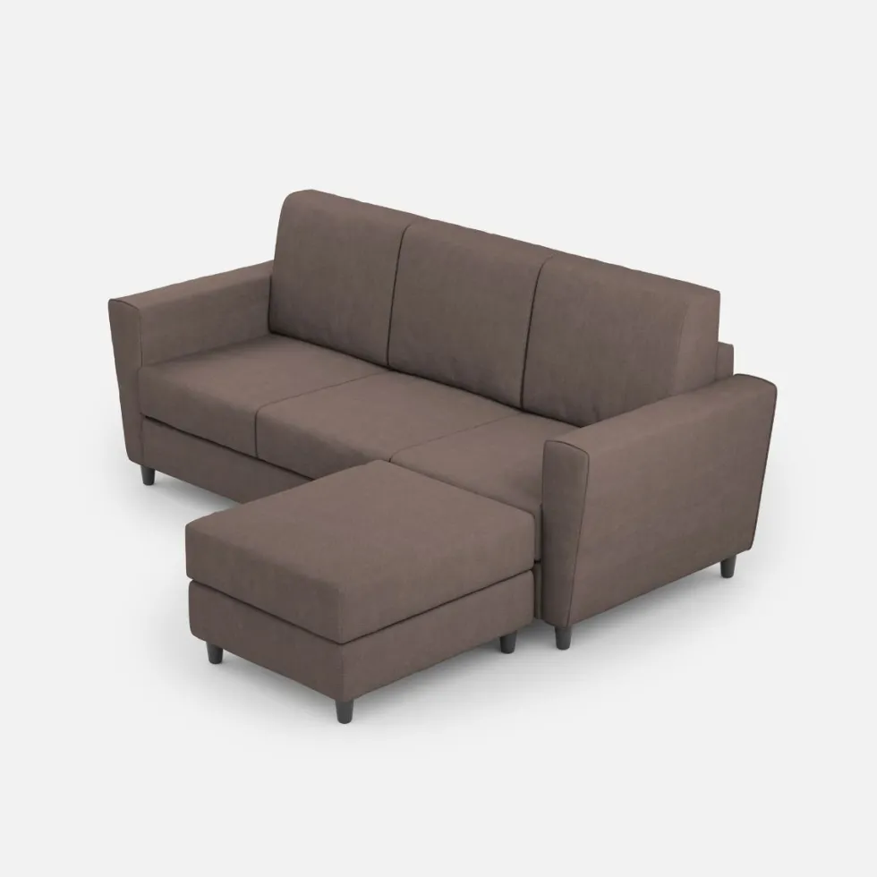 Divano 212x85cm design a tre posti con piedini in legno e pouf idrorepellente talpa DI39