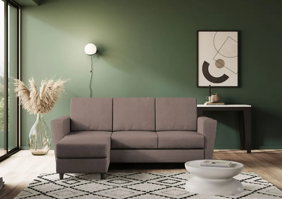 Divano 212x85cm design a tre posti con piedini in legno e pouf idrorepellente talpa DI39