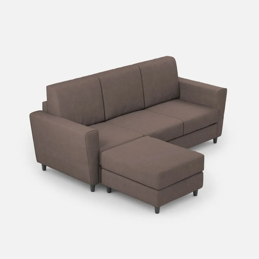 Divano 212x85cm design a tre posti con piedini in legno e pouf idrorepellente talpa DI39