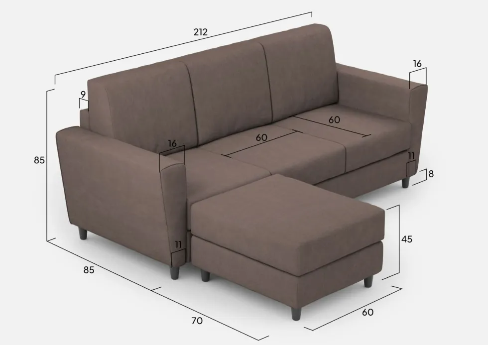 Divano 212x85cm design a tre posti con piedini in legno e pouf idrorepellente talpa DI39