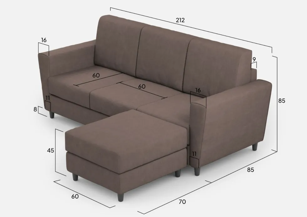 Divano 212x85cm design a tre posti con piedini in legno e pouf idrorepellente talpa DI39