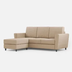 Divano 212x85cm design a tre posti con piedini in legno e pouf idrorepellente beige DI39