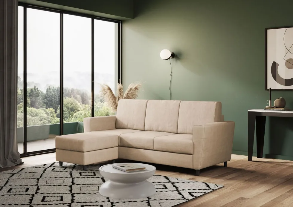 Divano 212x85cm design a tre posti con piedini in legno e pouf idrorepellente beige DI39