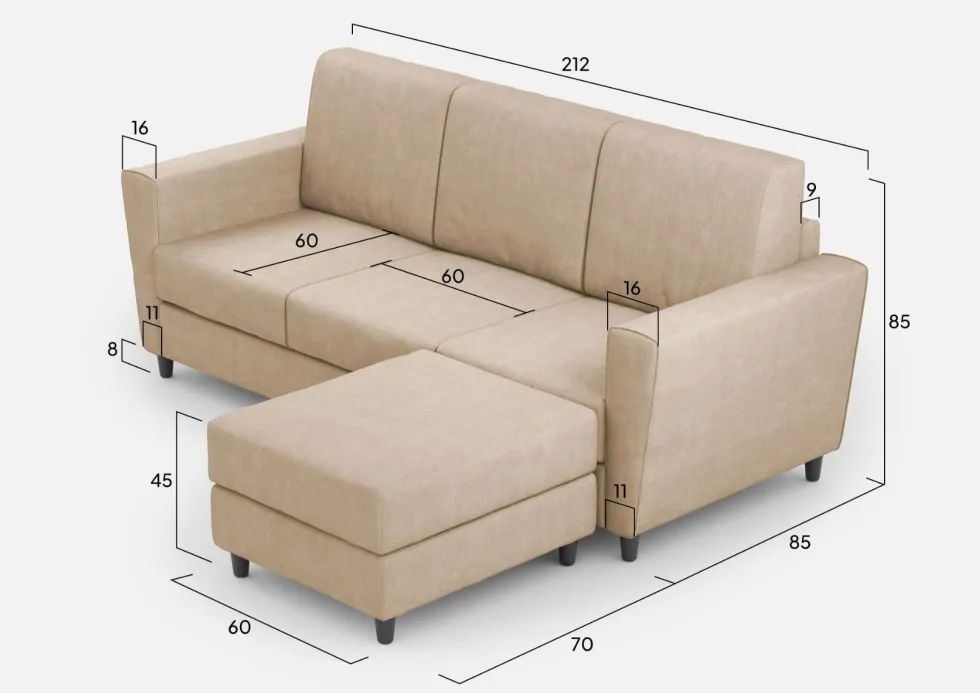 Divano 212x85cm design a tre posti con piedini in legno e pouf idrorepellente beige DI39