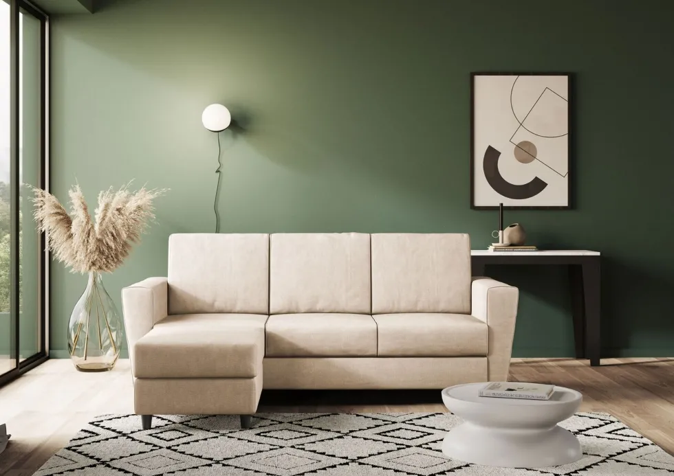 Divano 212x85cm design a tre posti con piedini in legno e pouf idrorepellente beige DI39