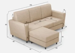 Divano 212x85cm design a tre posti con piedini in legno e pouf idrorepellente beige DI39