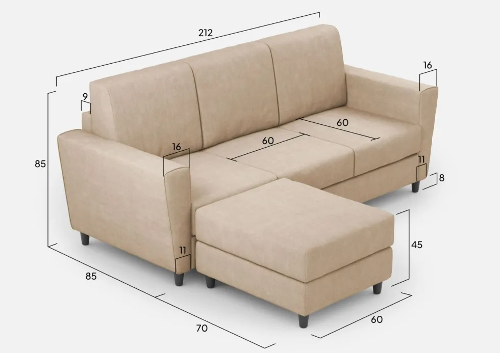 Divano 212x85cm design a tre posti con piedini in legno e pouf idrorepellente beige DI39