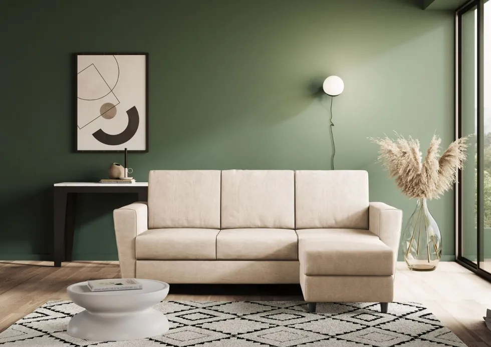 Divano 212x85cm design a tre posti con piedini in legno e pouf idrorepellente beige DI39