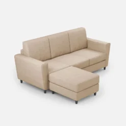 Divano 212x85cm design a tre posti con piedini in legno e pouf idrorepellente beige DI39