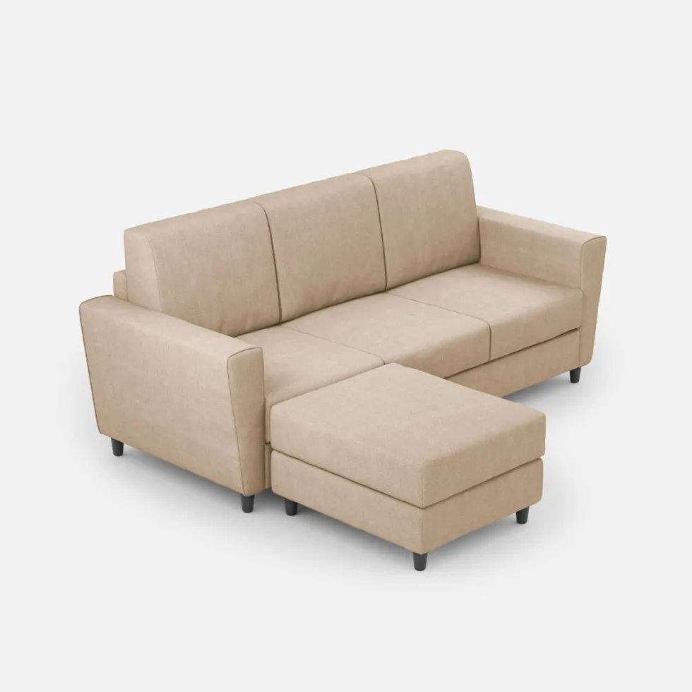 Divano 212x85cm design a tre posti con piedini in legno e pouf idrorepellente beige DI39