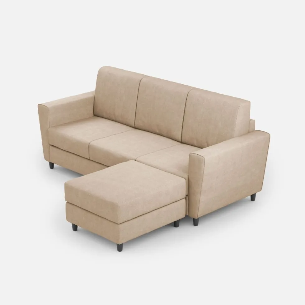 Divano 212x85cm design a tre posti con piedini in legno e pouf idrorepellente beige DI39