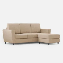Divano 212x85cm design a tre posti con piedini in legno e pouf idrorepellente beige DI39